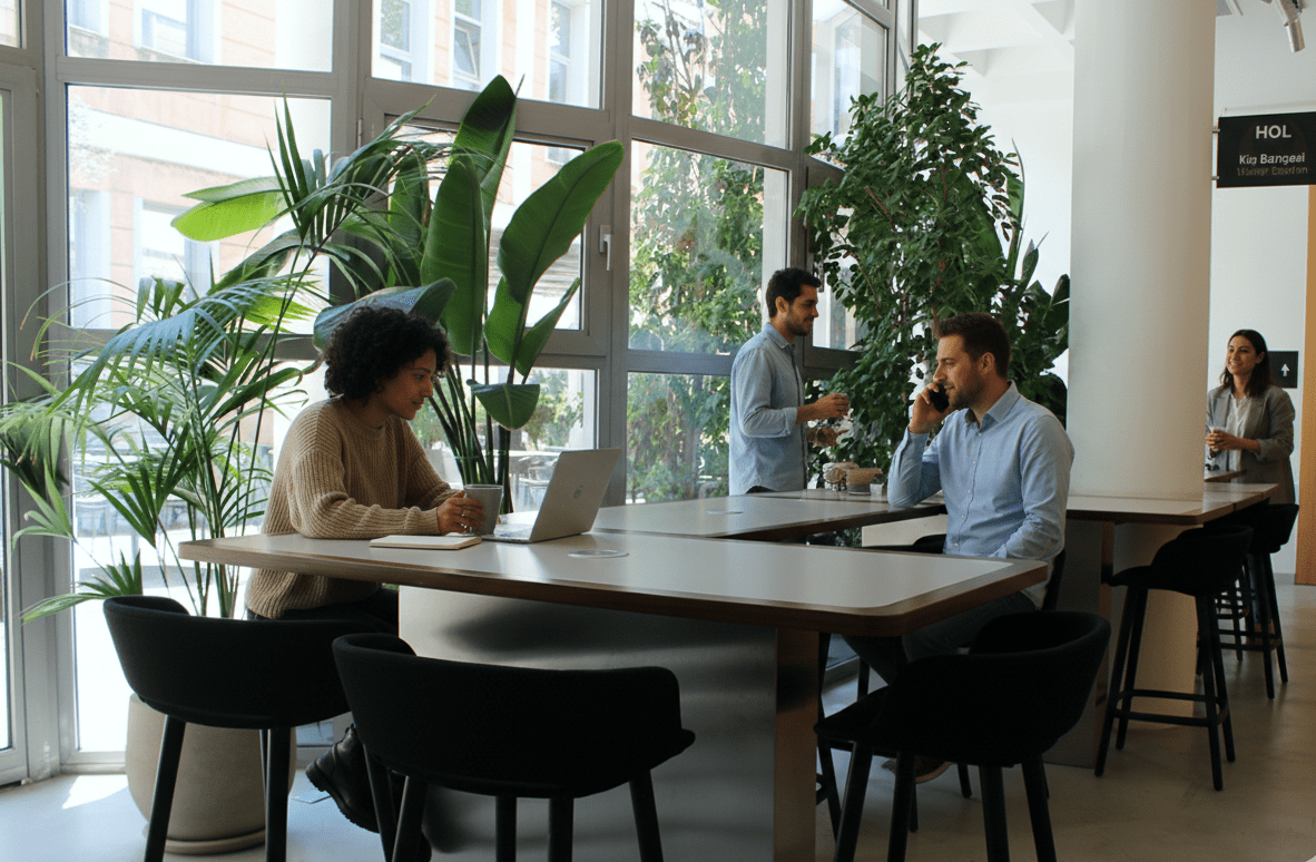 Hall: In the glass-enclosed Hall overlooking the courtyard, you’ll enjoy working alongside lush greenery — feeling as if you are in a winter garden.